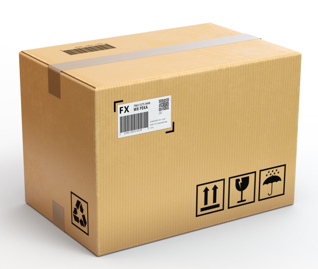 Cardboard box taped close with barcodes, recycle symbol, up symbol, fragile symbol, and no moisture symbol.
