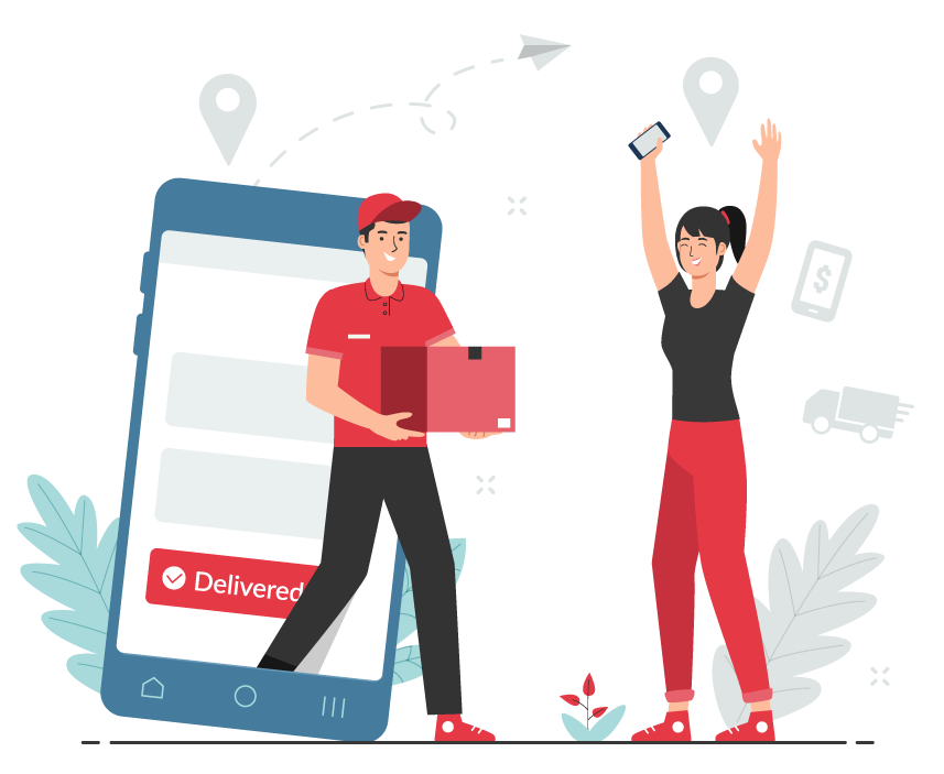 Man wearing red shirt jumping out of a cell phone with a box and a woman rejoicing. Cell phone shows status as Delivered.