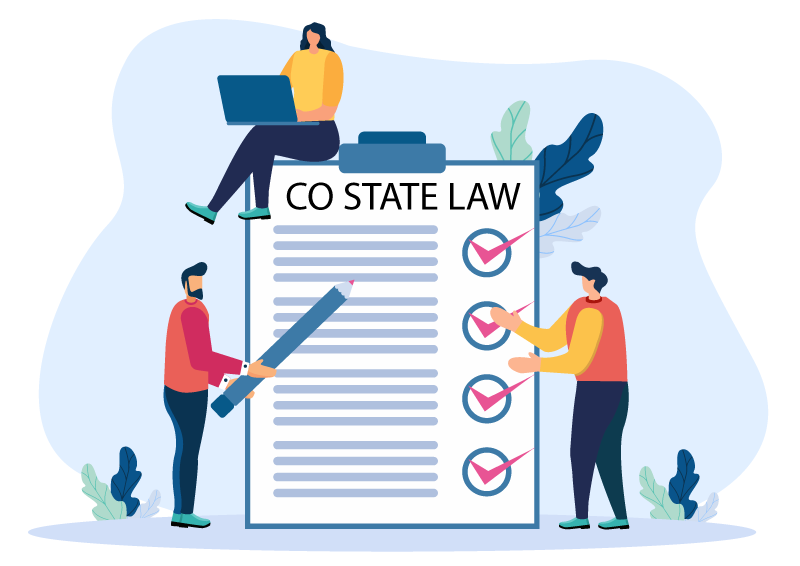 Illustration with three people at a large clipboard with CO STATE LAW at the top and four checkmarks.
